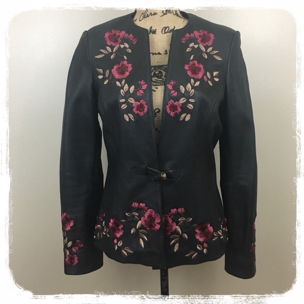 Belle Sport Black Leather Jacket Floral sz. M